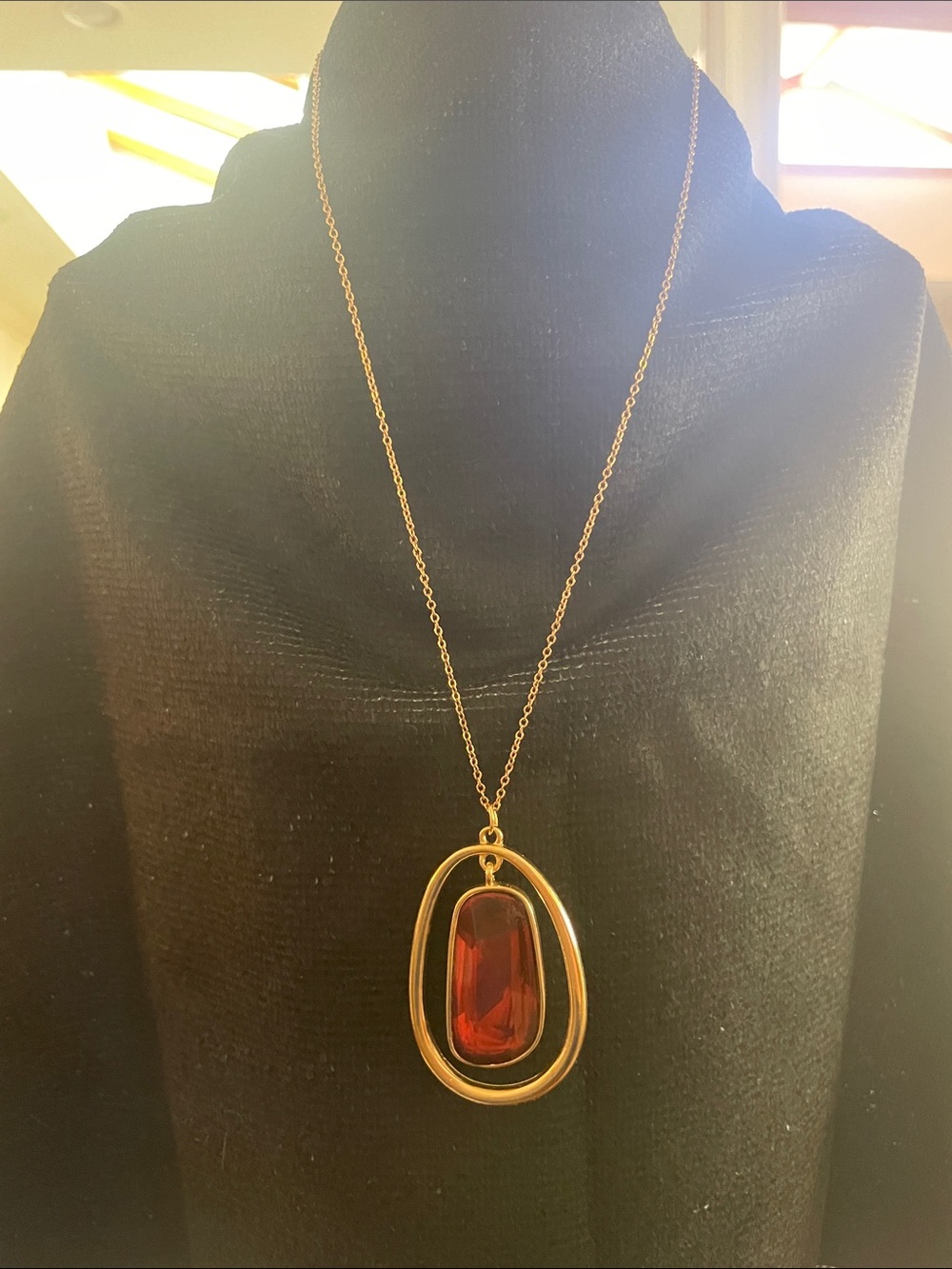 Large Double Teardrop Pendant Red inner Outer halo thin gold Rose-gold chain NWT